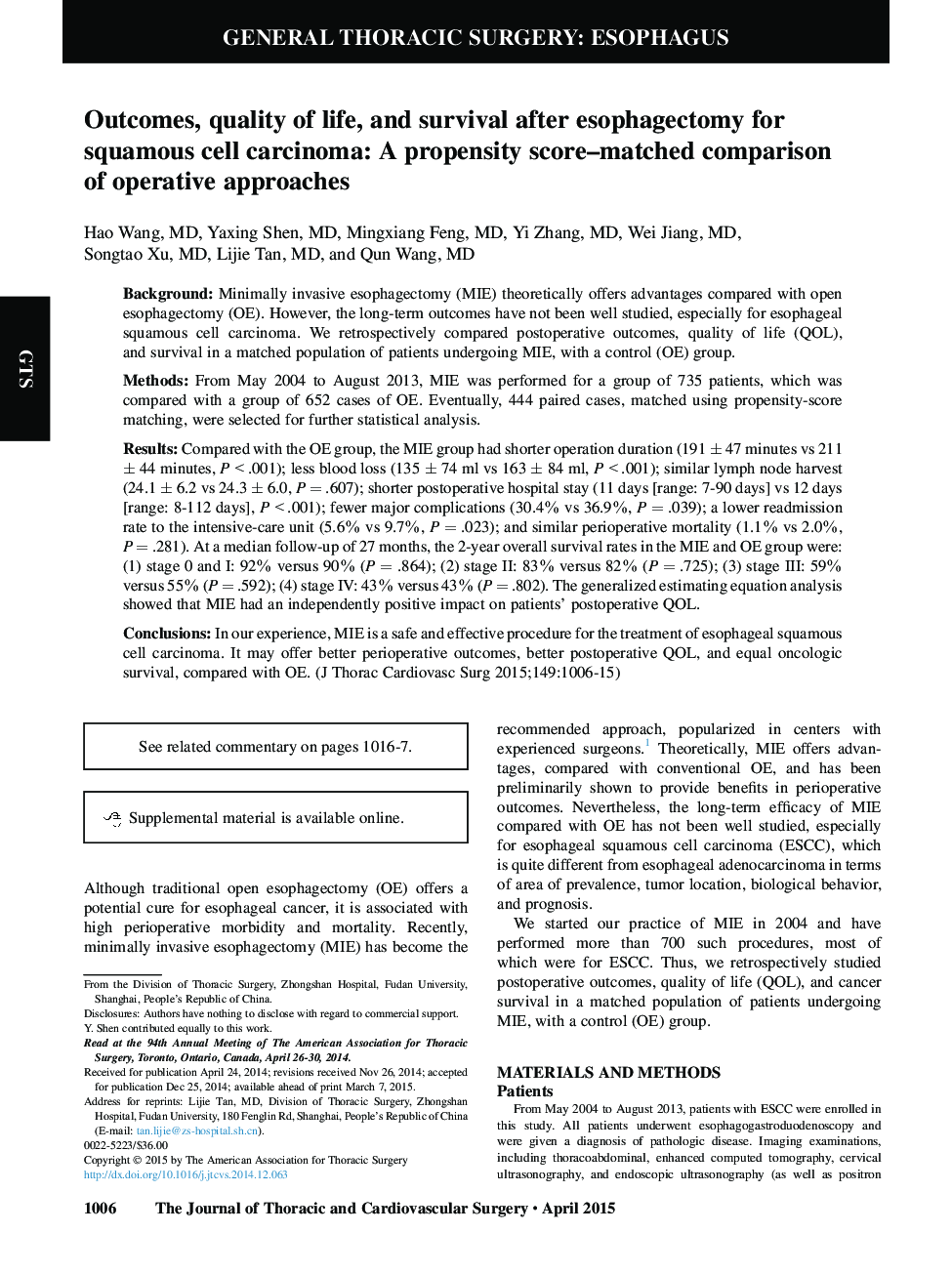 Outcomes, quality of life, and survival after esophagectomy for squamous cell carcinoma: A propensity score-matched comparison of operative approaches