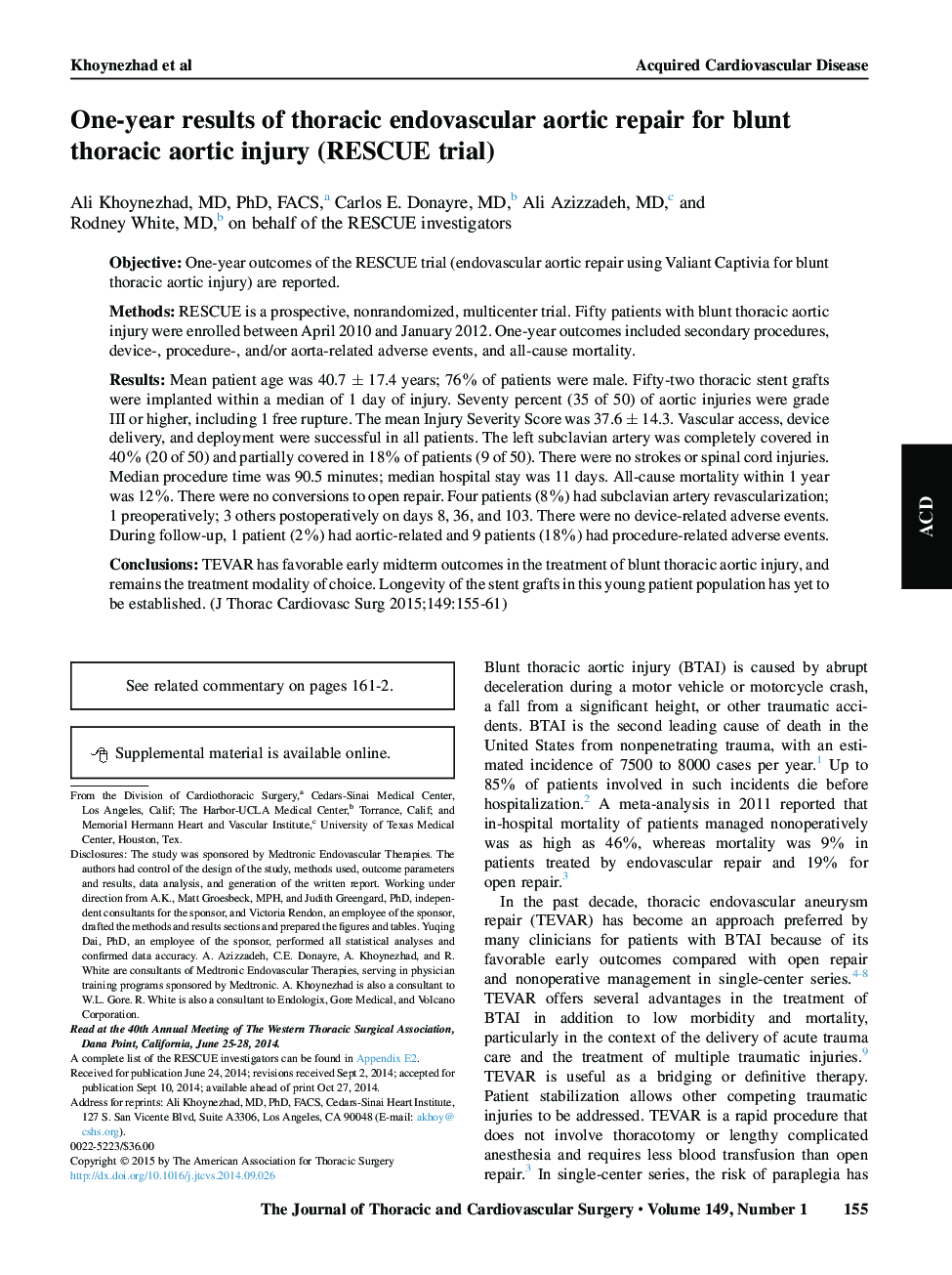 One-year results of thoracic endovascular aortic repair for blunt thoracic aortic injury (RESCUE trial)