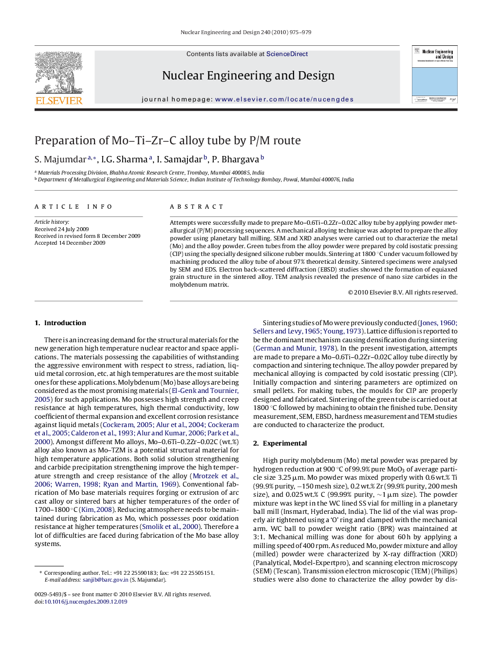 Preparation of Mo–Ti–Zr–C alloy tube by P/M route