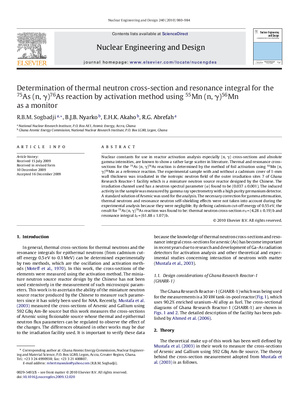 Determination of thermal neutron cross-section and resonance integral for the 75As (n, γ)76As reaction by activation method using 55Mn (n, γ)56Mn as a monitor