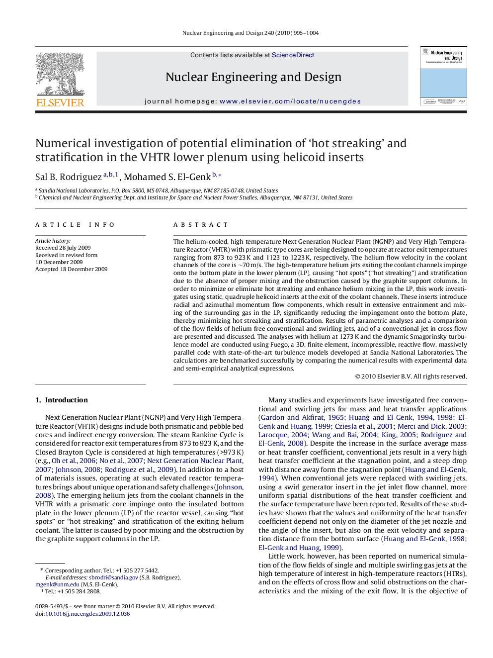 Numerical investigation of potential elimination of ‘hot streaking’ and stratification in the VHTR lower plenum using helicoid inserts