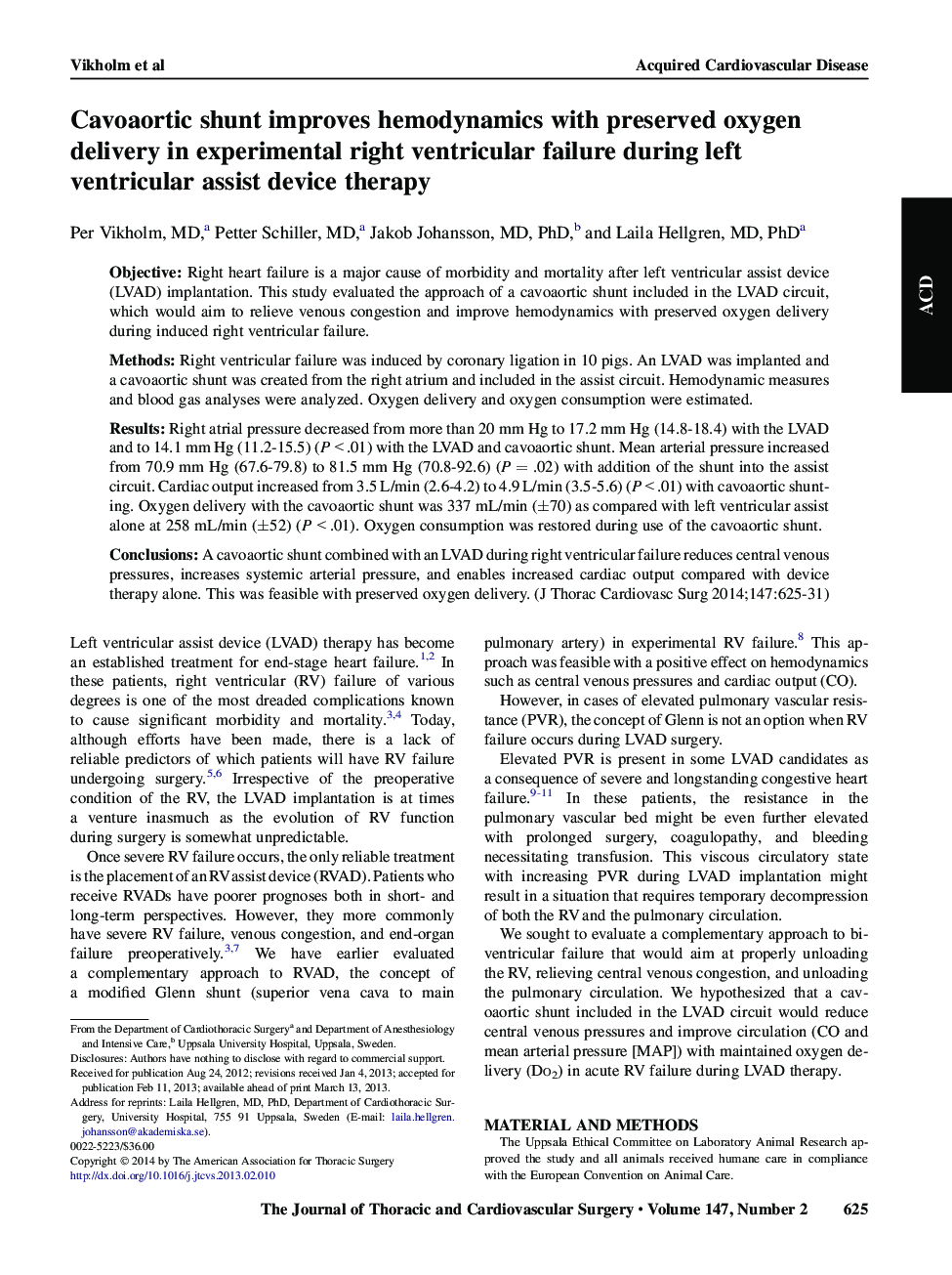 Cavoaortic shunt improves hemodynamics with preserved oxygen delivery in experimental right ventricular failure during left ventricular assist device therapy 