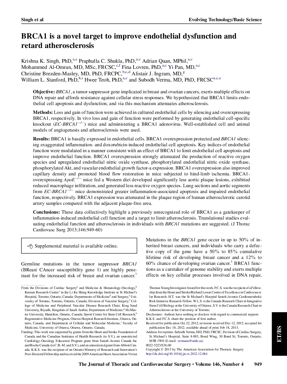 BRCA1 is a novel target to improve endothelial dysfunction and retard atherosclerosis