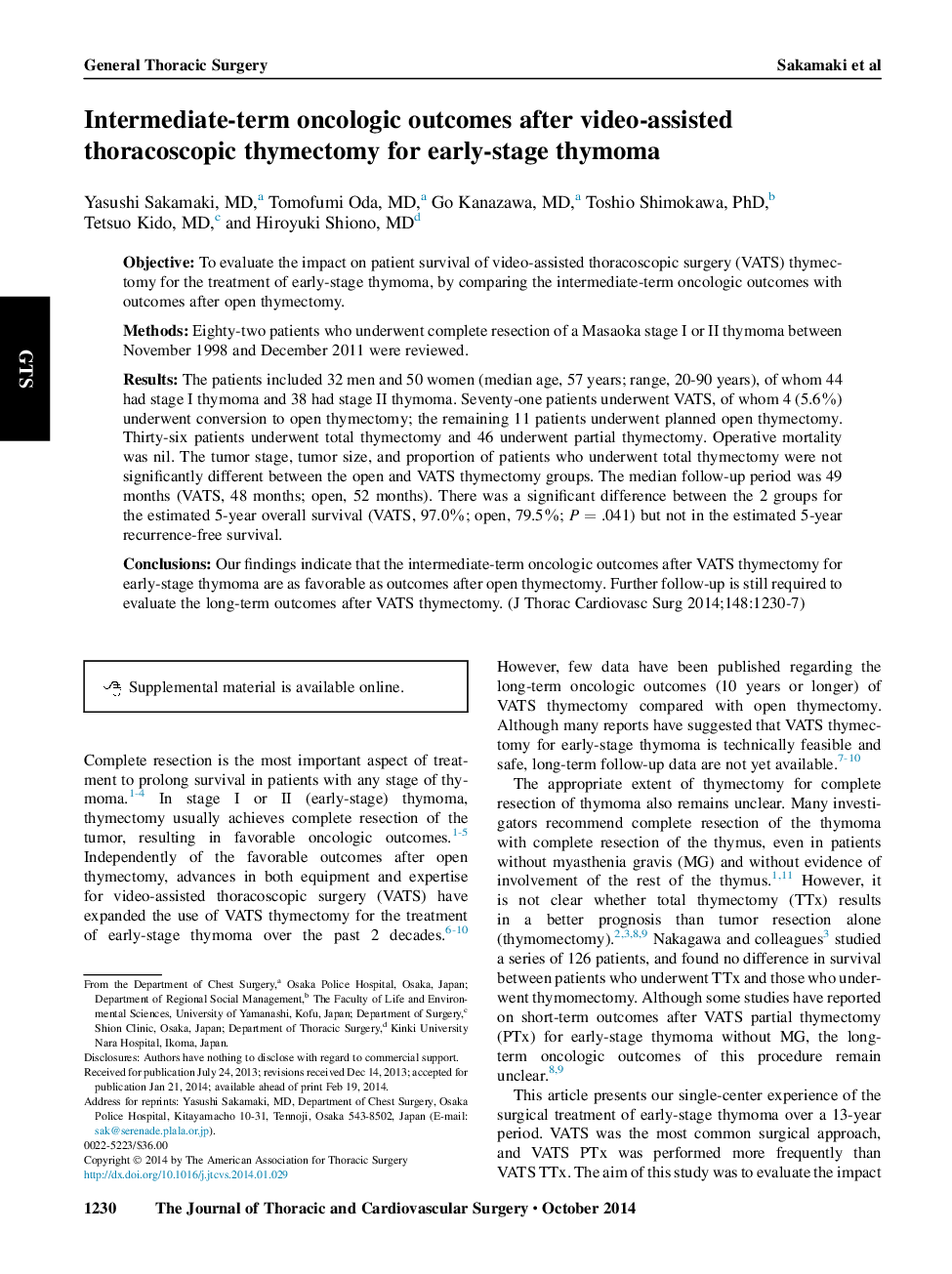 نتایج آنکولوژیک میان دوره ای پس از تیمکتومی توراکوسکوپی تصویری برای تیما مراحل زودرس 