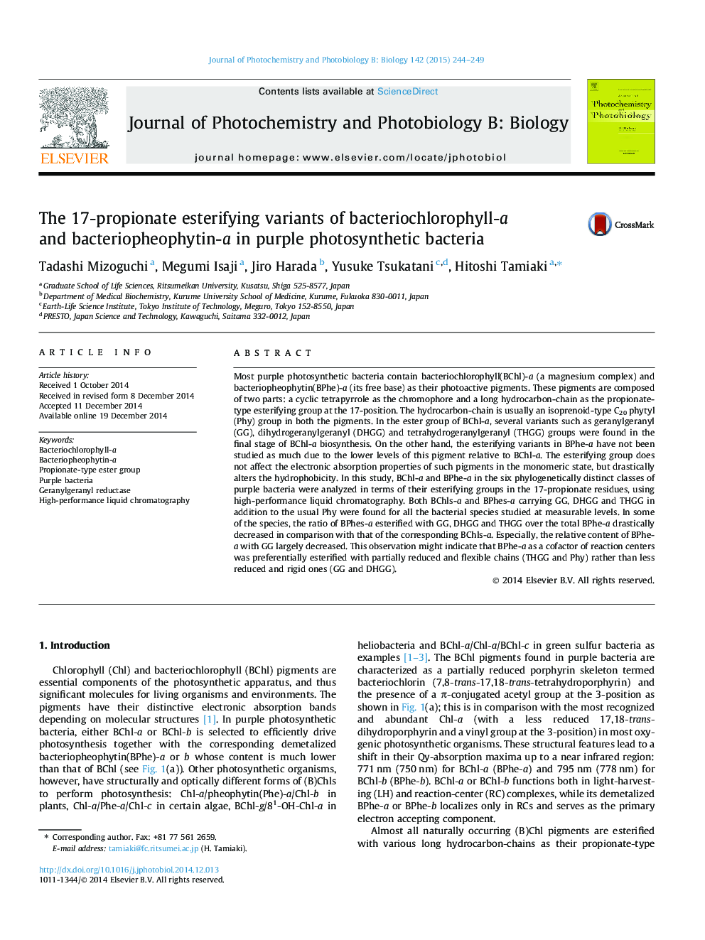 The 17-propionate esterifying variants of bacteriochlorophyll-a and bacteriopheophytin-a in purple photosynthetic bacteria