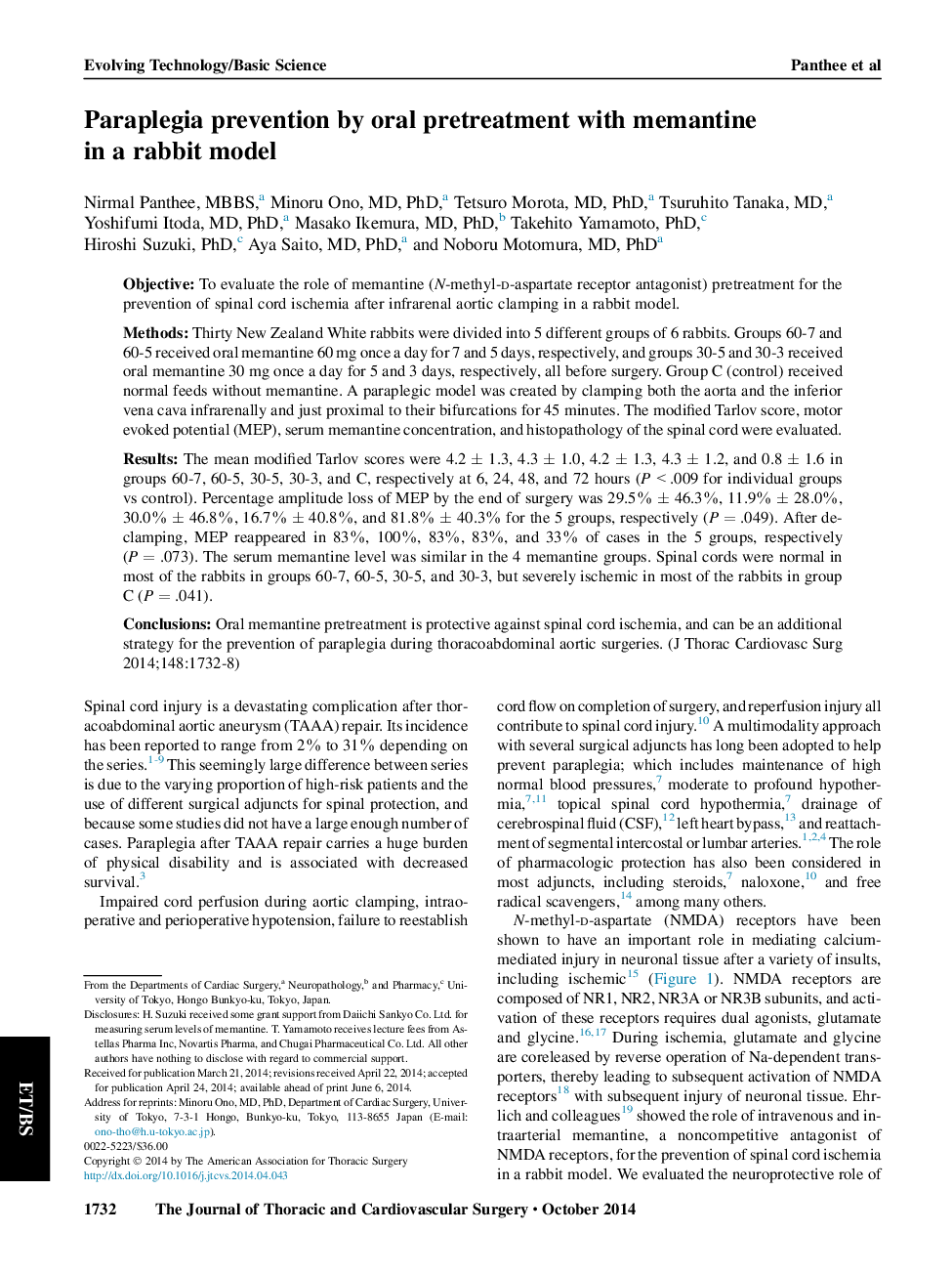 Paraplegia prevention by oral pretreatment with memantine in a rabbit model 