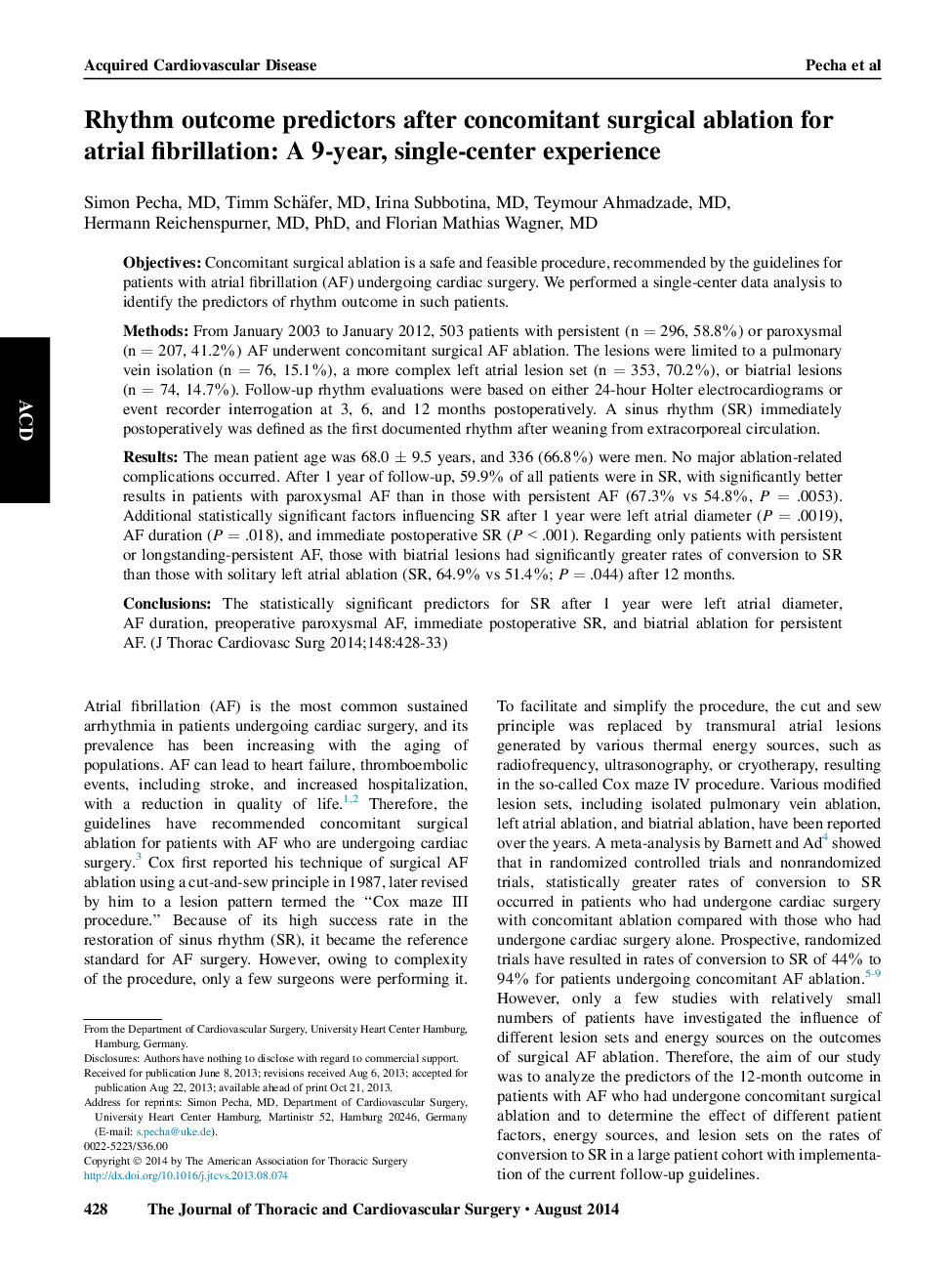 پیش بینی نتایج ریتم پس از تخریب جراحی همزمان برای فیبریلاسیون دهلیزی: یک تجربه 9 ساله تک مرکزی 