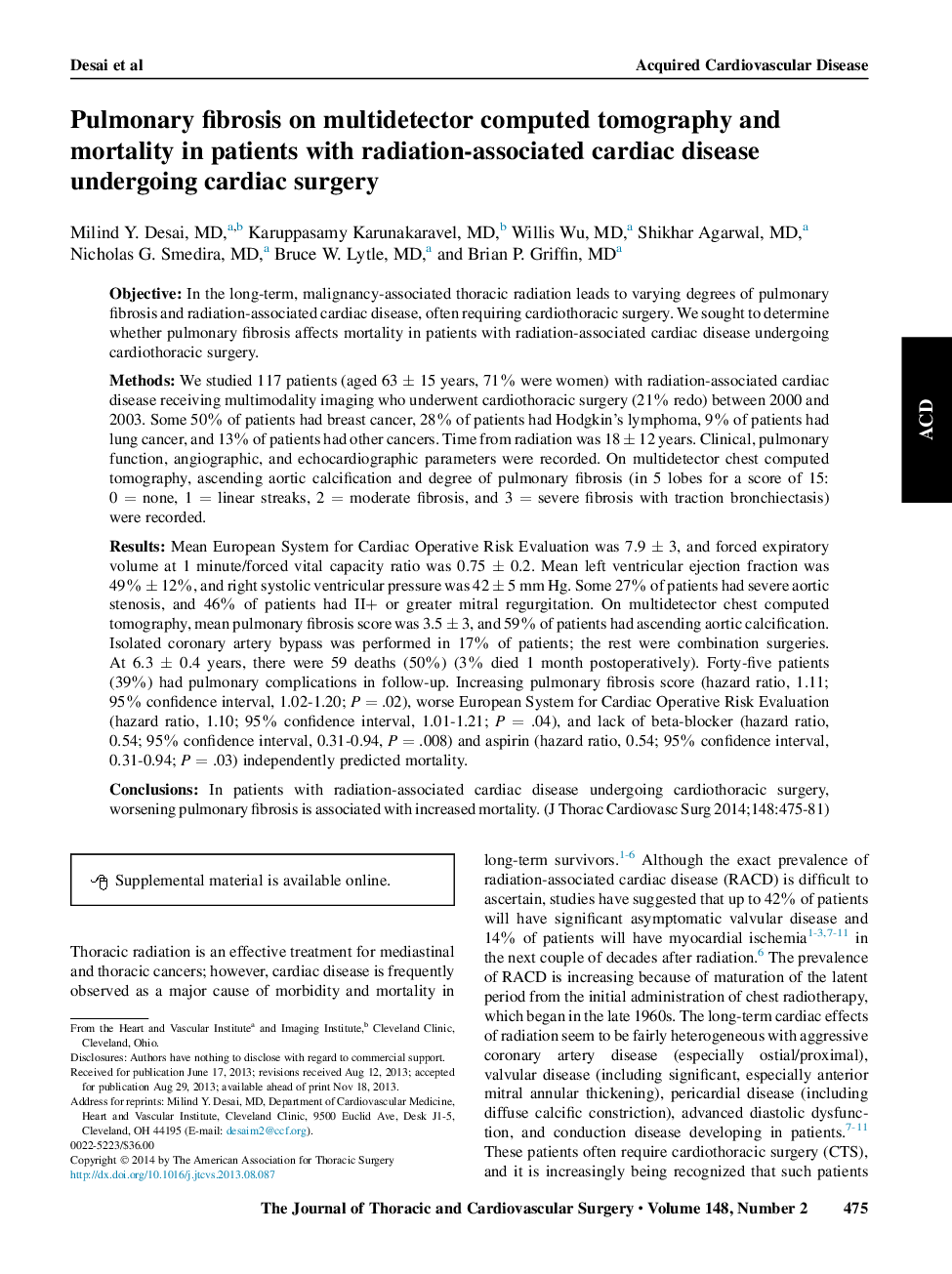 فیبروز ریوی بر روی توموگرافی کامپیوتری مولددیتراک و مرگ و میر در بیماران مبتلا به بیماری قلبی مرتبط با تشعشع تحت جراحی قلب 