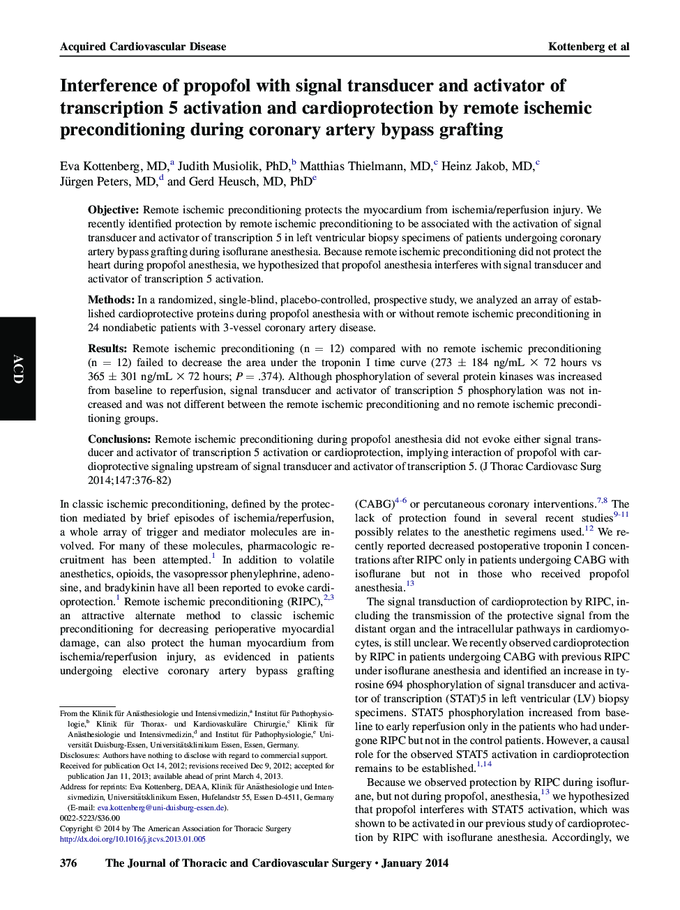 Interference of propofol with signal transducer and activator of transcription 5 activation and cardioprotection by remote ischemic preconditioning during coronary artery bypass grafting 