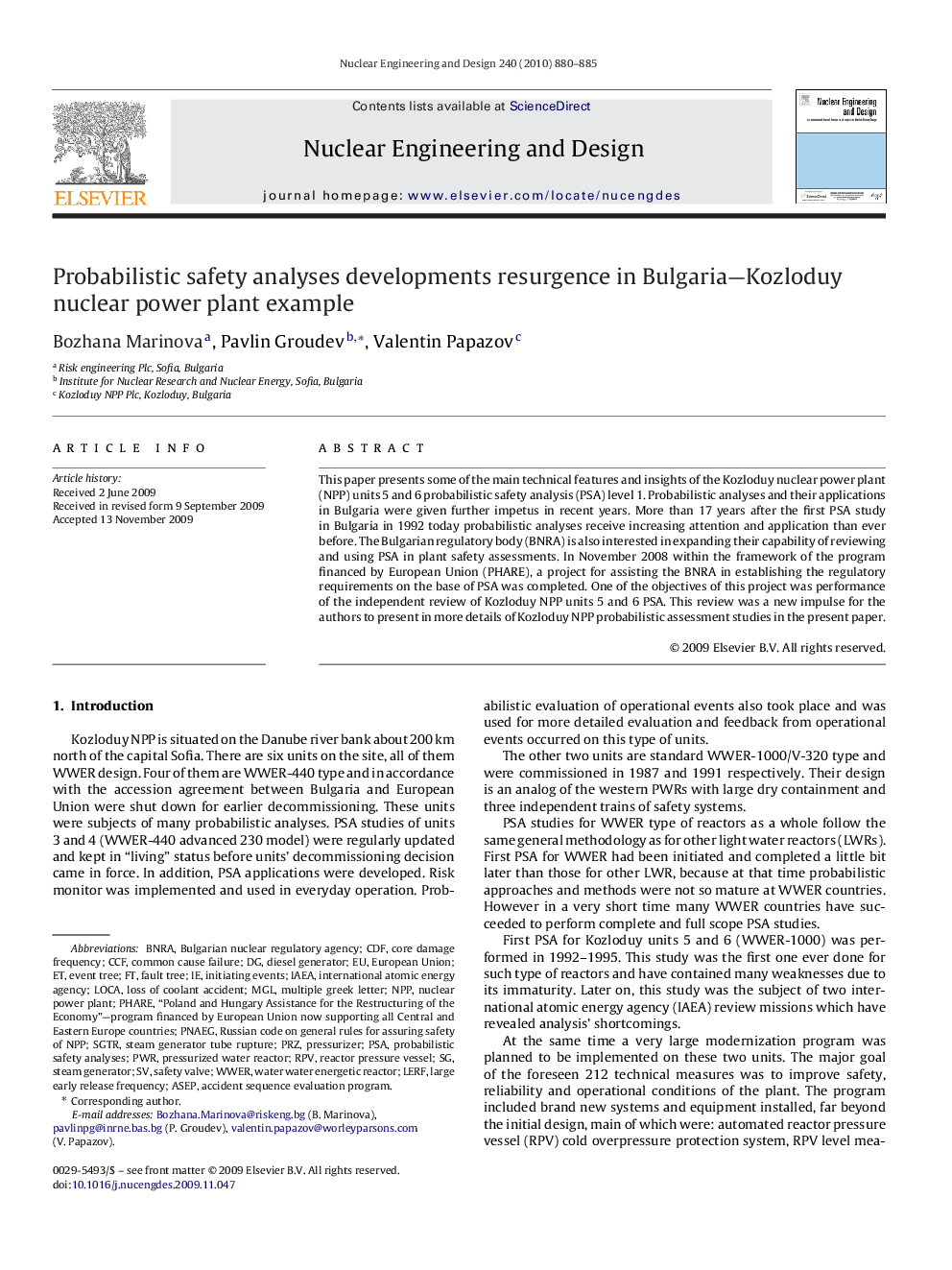 Probabilistic safety analyses developments resurgence in Bulgaria—Kozloduy nuclear power plant example