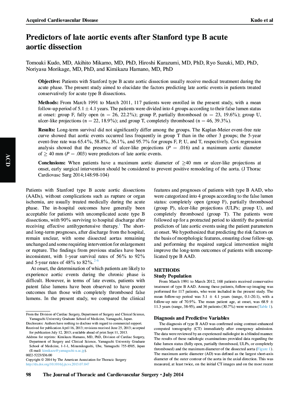 Predictors of late aortic events after Stanford type B acute aortic dissection 