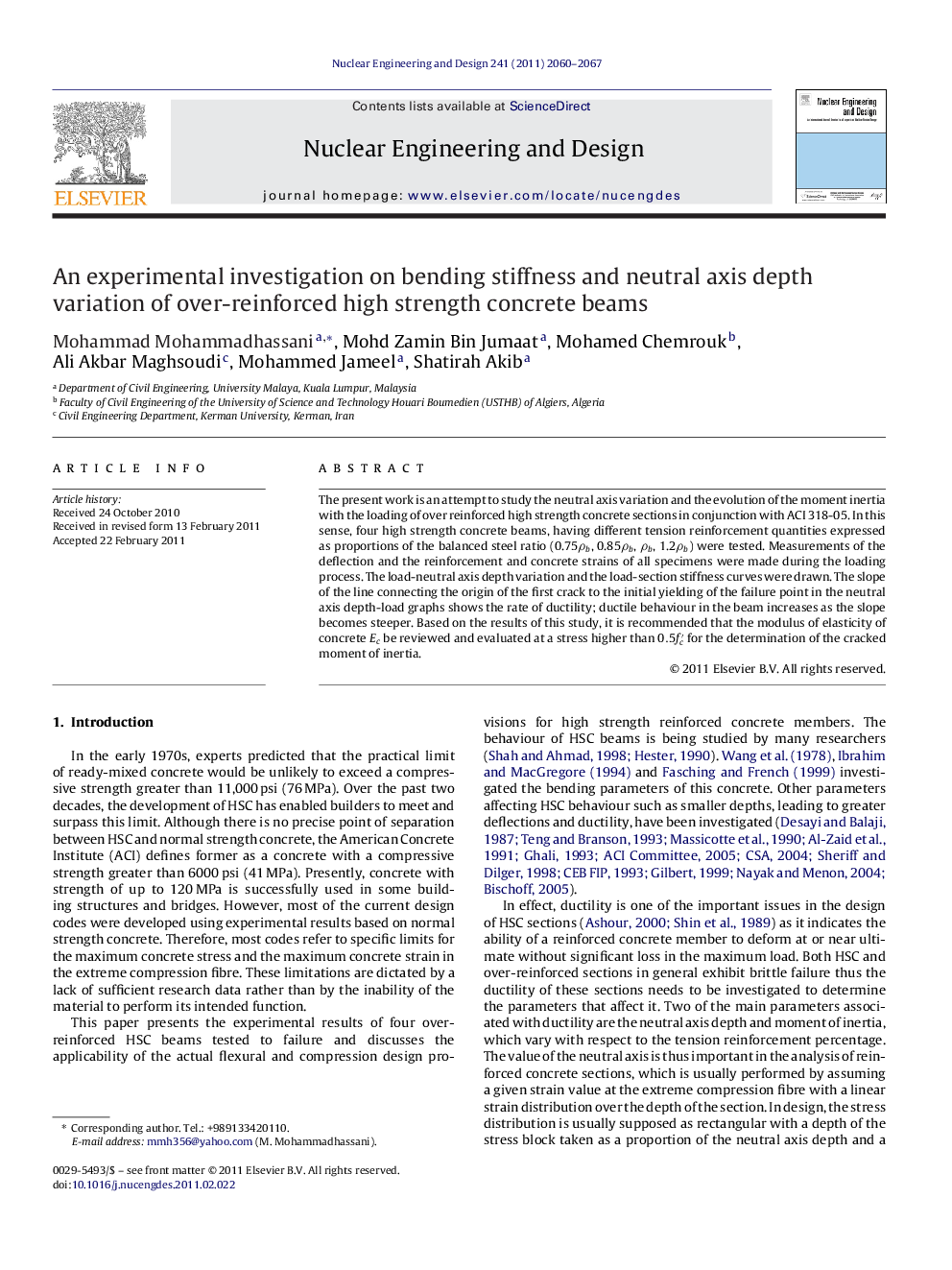 An experimental investigation on bending stiffness and neutral axis depth variation of over-reinforced high strength concrete beams