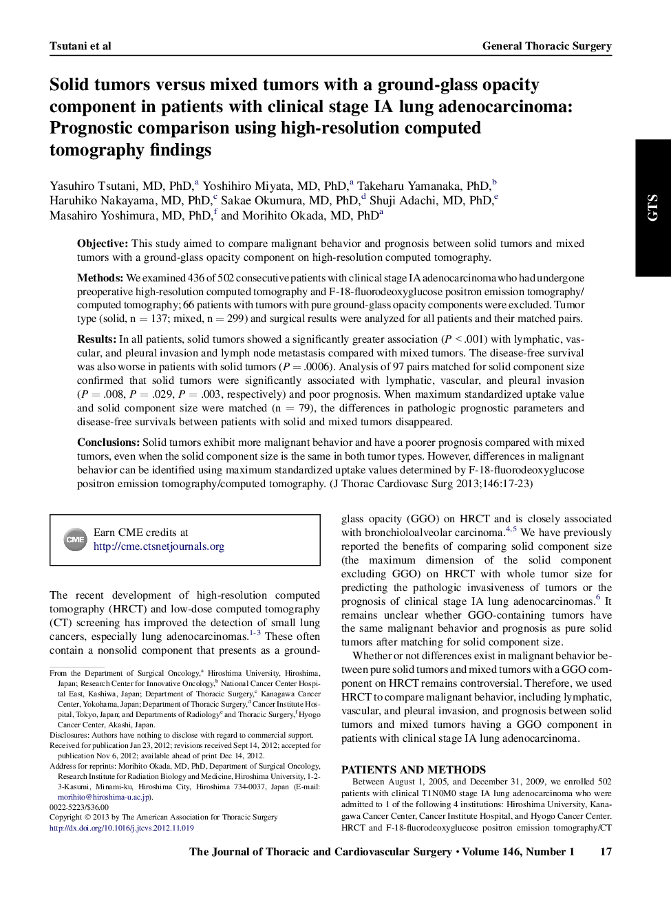 Solid tumors versus mixed tumors with a ground-glass opacity component in patients with clinical stage IA lung adenocarcinoma: Prognostic comparison using high-resolution computed tomography findings 