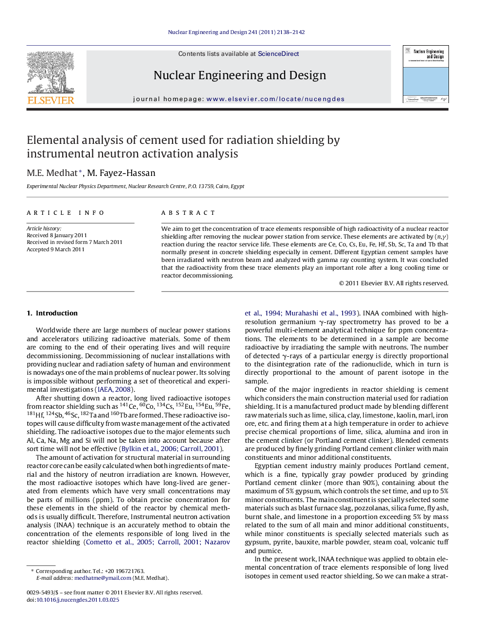 Elemental analysis of cement used for radiation shielding by instrumental neutron activation analysis