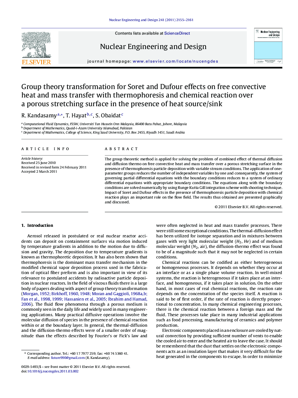 Group theory transformation for Soret and Dufour effects on free convective heat and mass transfer with thermophoresis and chemical reaction over a porous stretching surface in the presence of heat source/sink