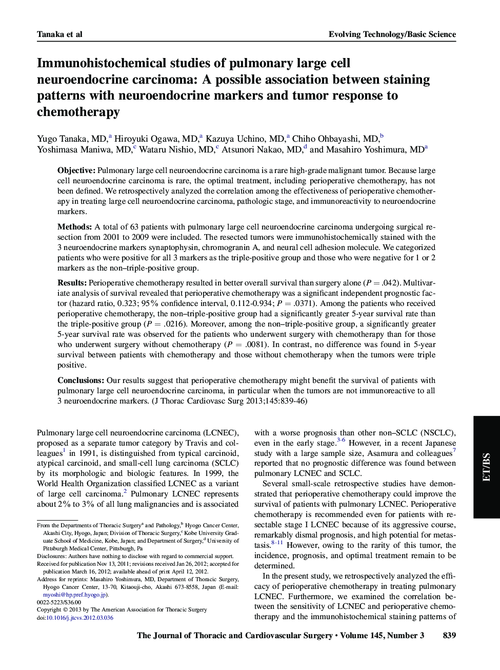 Immunohistochemical studies of pulmonary large cell neuroendocrine carcinoma: A possible association between staining patterns with neuroendocrine markers and tumor response to chemotherapy 