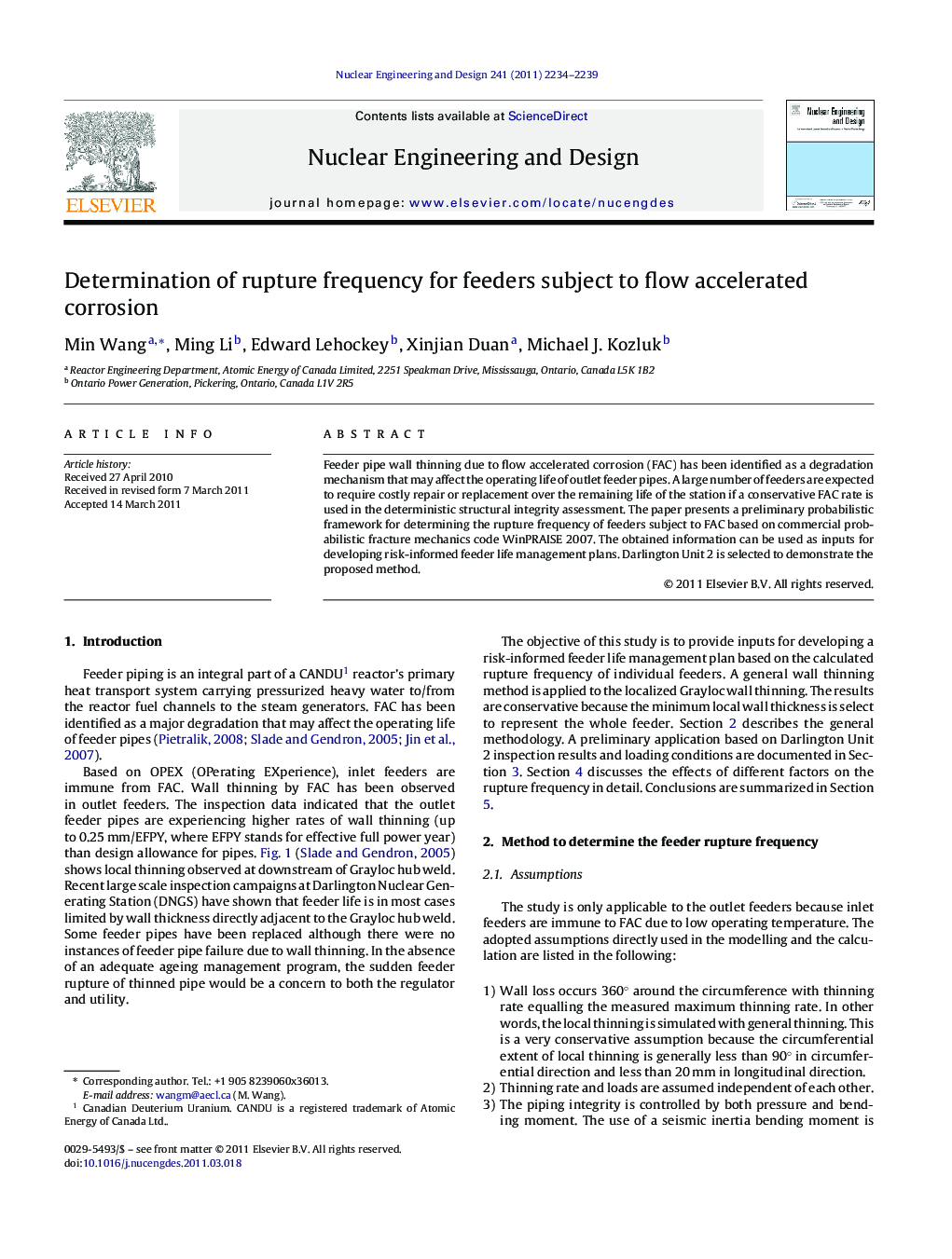 Determination of rupture frequency for feeders subject to flow accelerated corrosion
