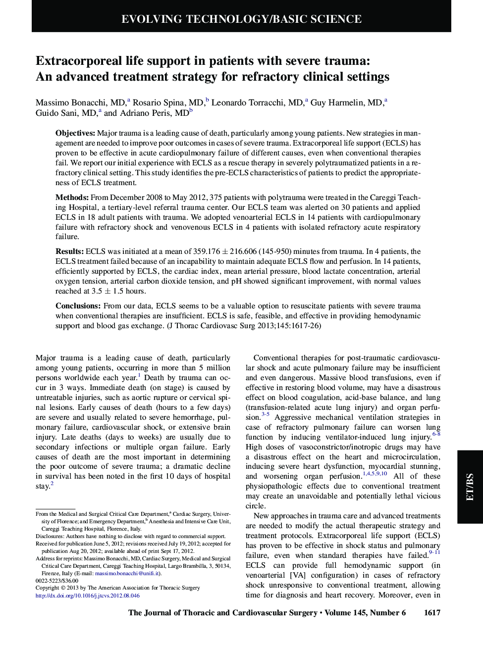 Extracorporeal life support in patients with severe trauma: An advanced treatment strategy for refractory clinical settings 