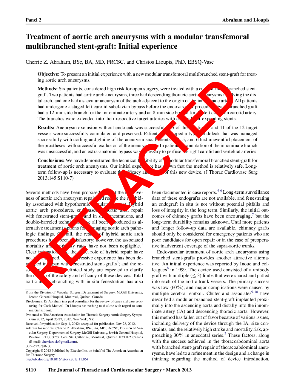 RETRACTED: Treatment of aortic arch aneurysms with a modular transfemoral multibranched stent-graft: Initial experience
