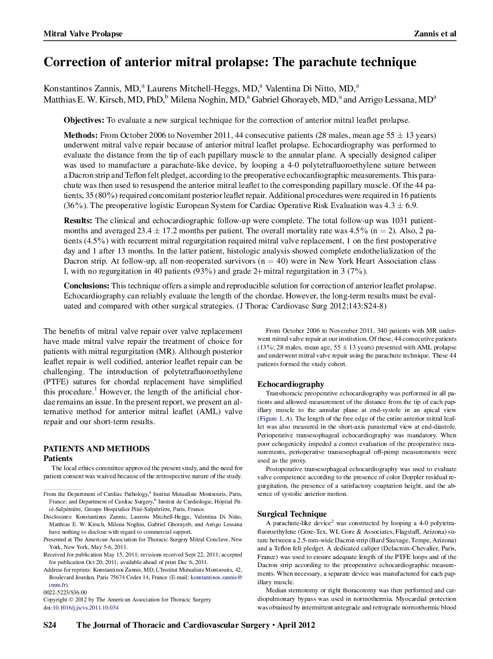 Correction of anterior mitral prolapse: The parachute technique 