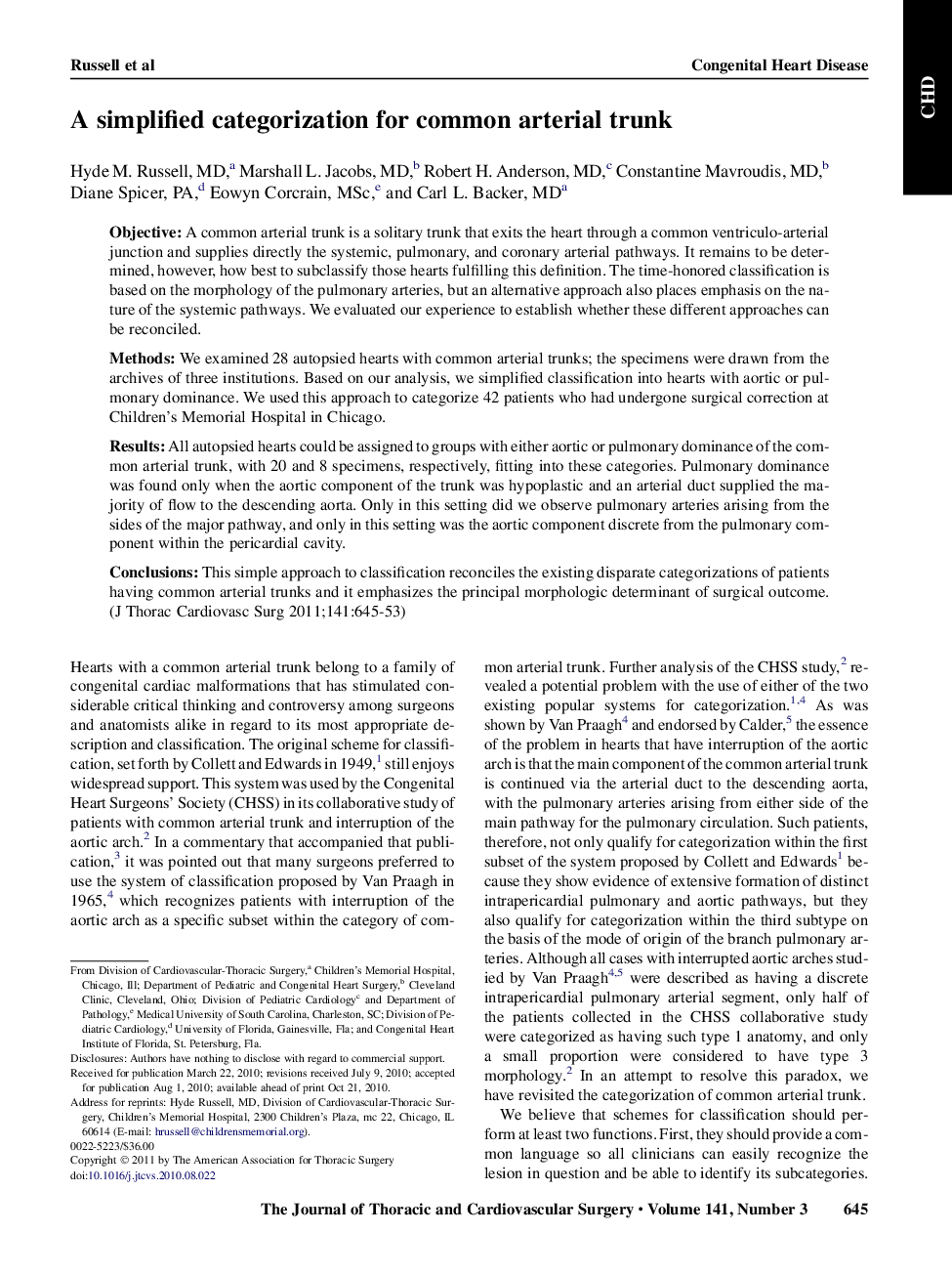 A simplified categorization for common arterial trunk 