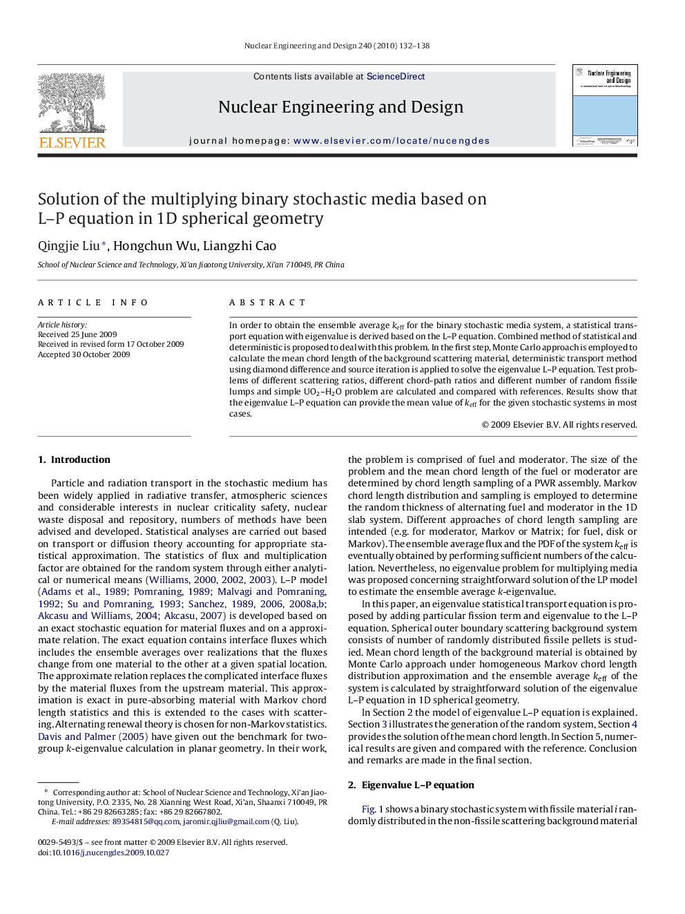 Solution of the multiplying binary stochastic media based on L–P equation in 1D spherical geometry