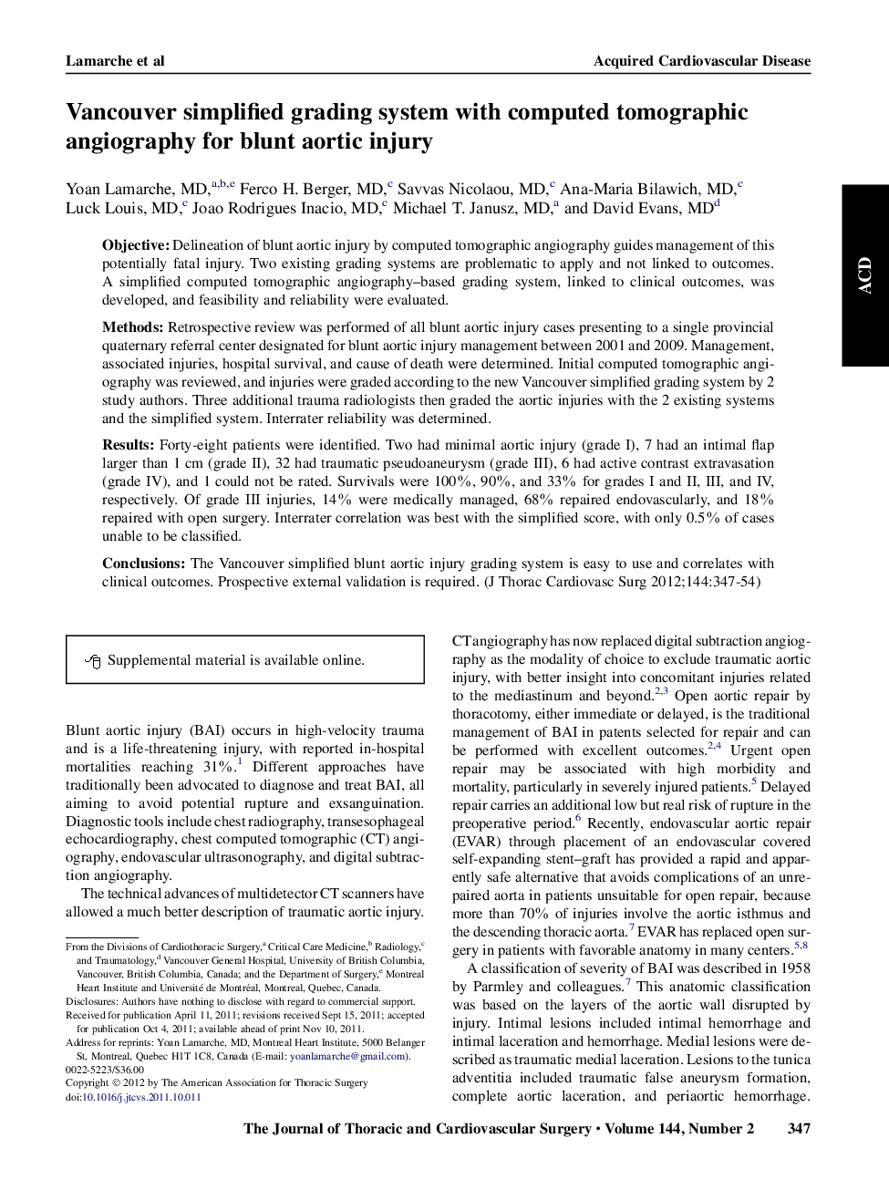 Vancouver simplified grading system with computed tomographic angiography for blunt aortic injury