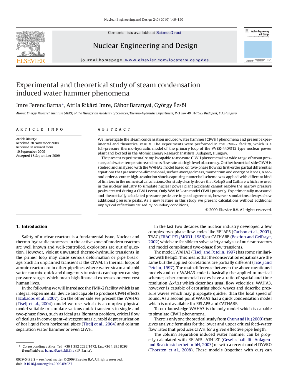 عکس صفحه اول مقاله: Experimental and theoretical study of steam condensation induced water hammer phenomena Experimental and theoretical study of steam condensation induced water hammer phenomena