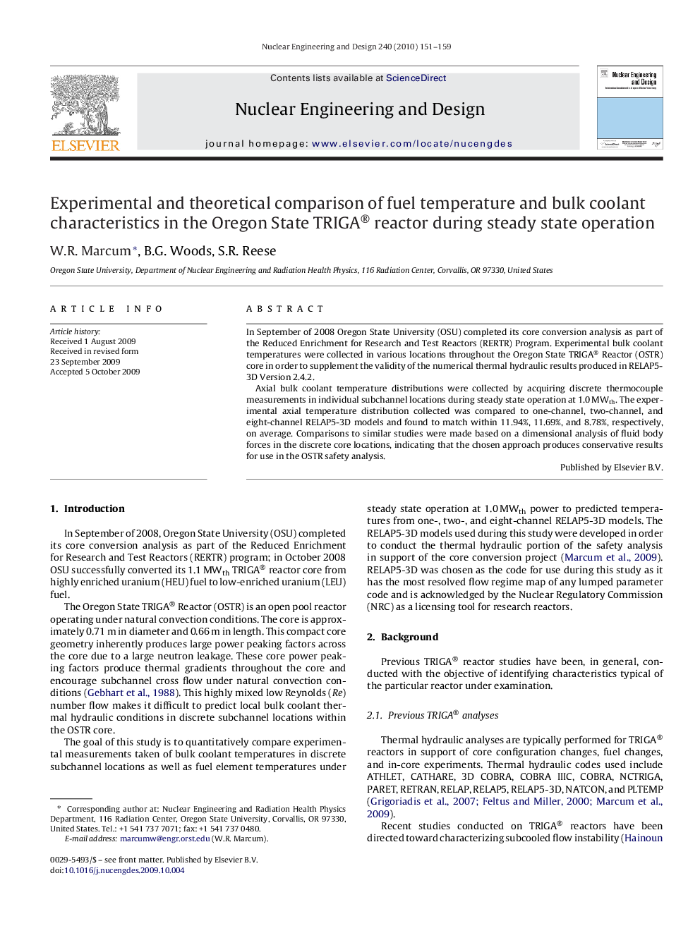 Experimental and theoretical comparison of fuel temperature and bulk coolant characteristics in the Oregon State TRIGA® reactor during steady state operation