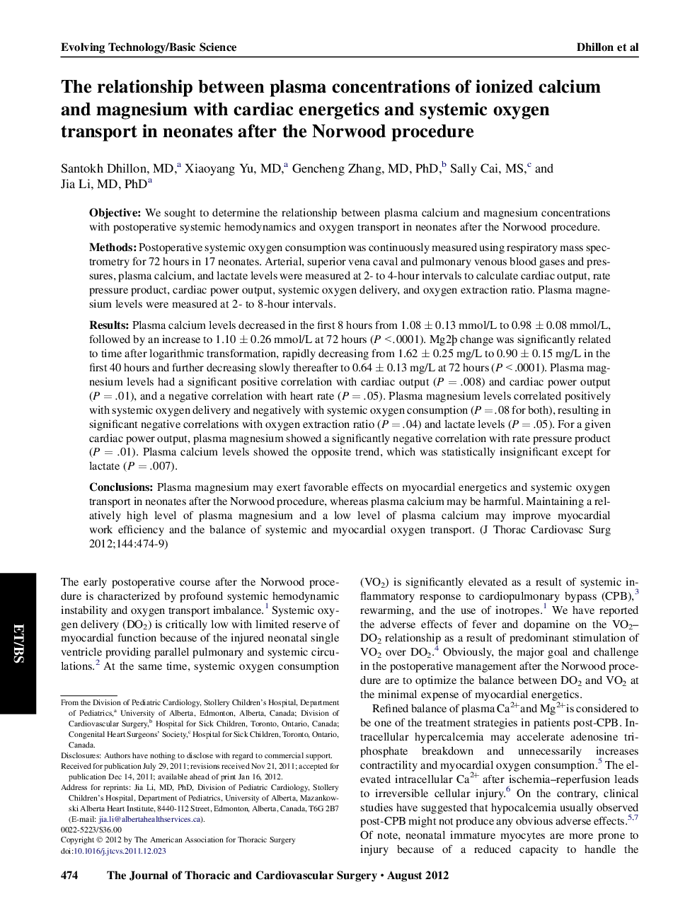 The relationship between plasma concentrations of ionized calcium and magnesium with cardiac energetics and systemic oxygen transport in neonates after the Norwood procedure 