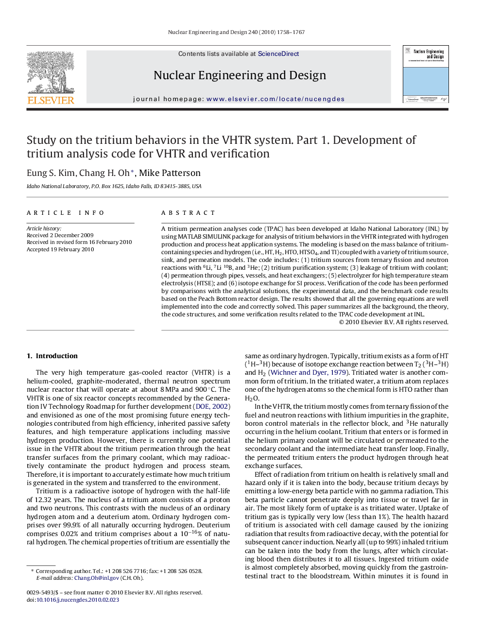 Study on the tritium behaviors in the VHTR system. Part 1. Development of tritium analysis code for VHTR and verification