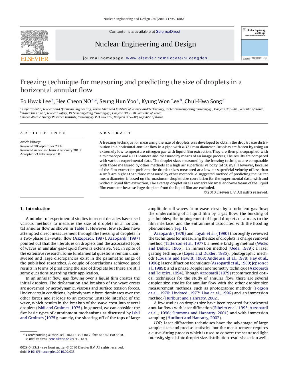 Freezing technique for measuring and predicting the size of droplets in a horizontal annular flow