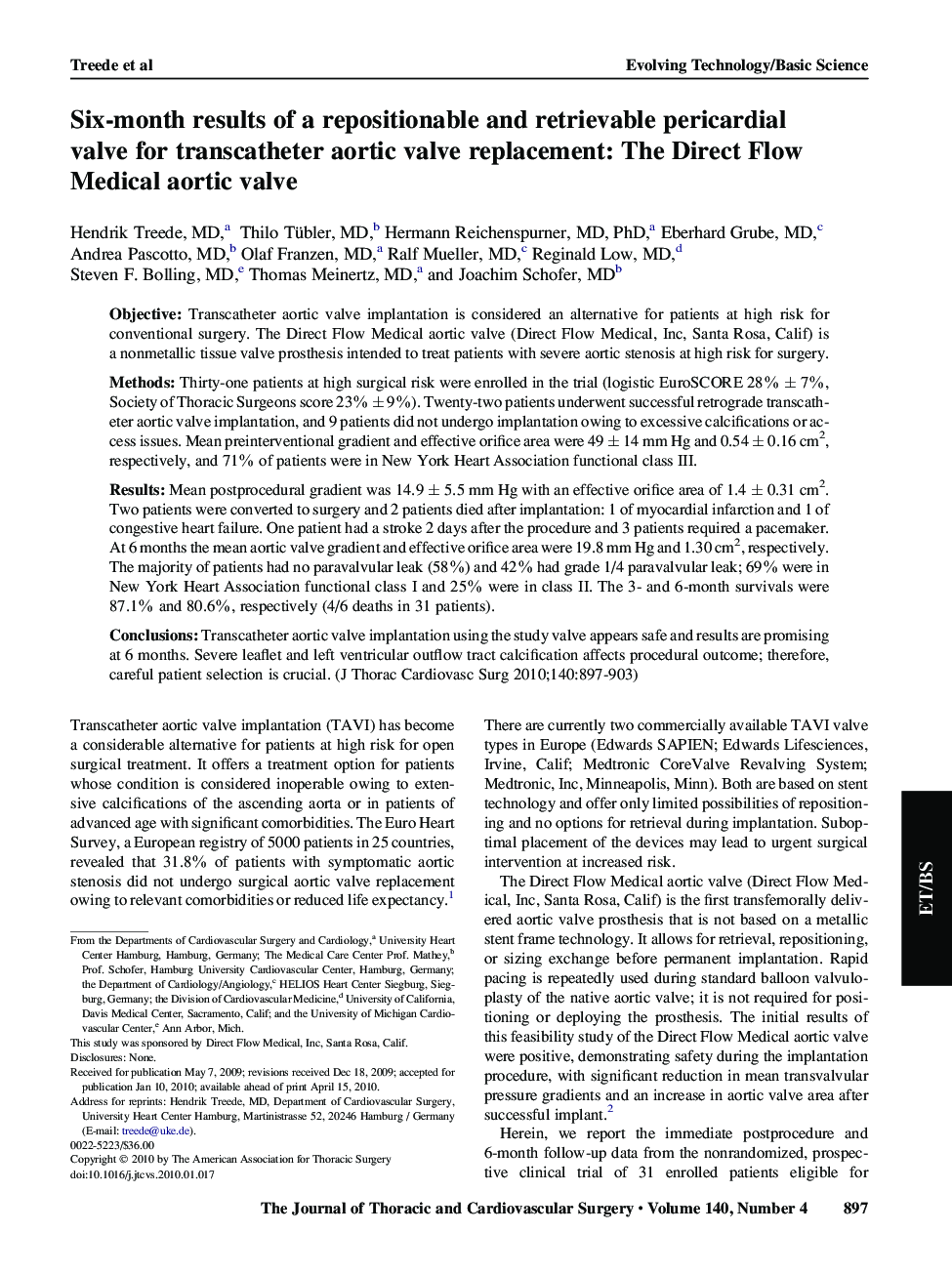 Six-month results of a repositionable and retrievable pericardial valve for transcatheter aortic valve replacement: The Direct Flow Medical aortic valve 