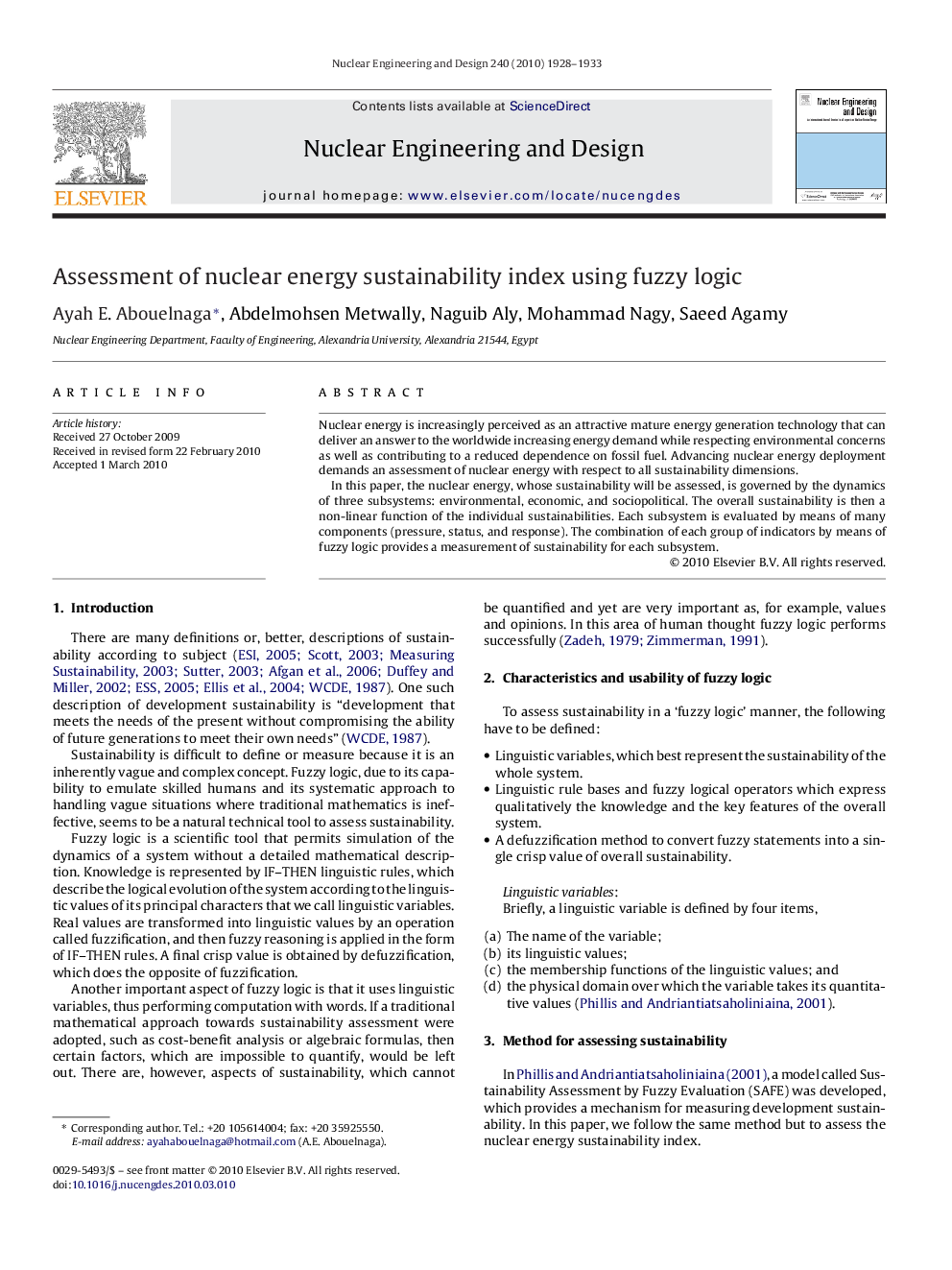 عکس صفحه اول مقاله: Assessment of nuclear energy sustainability index using fuzzy logic Assessment of nuclear energy sustainability index using fuzzy logic
