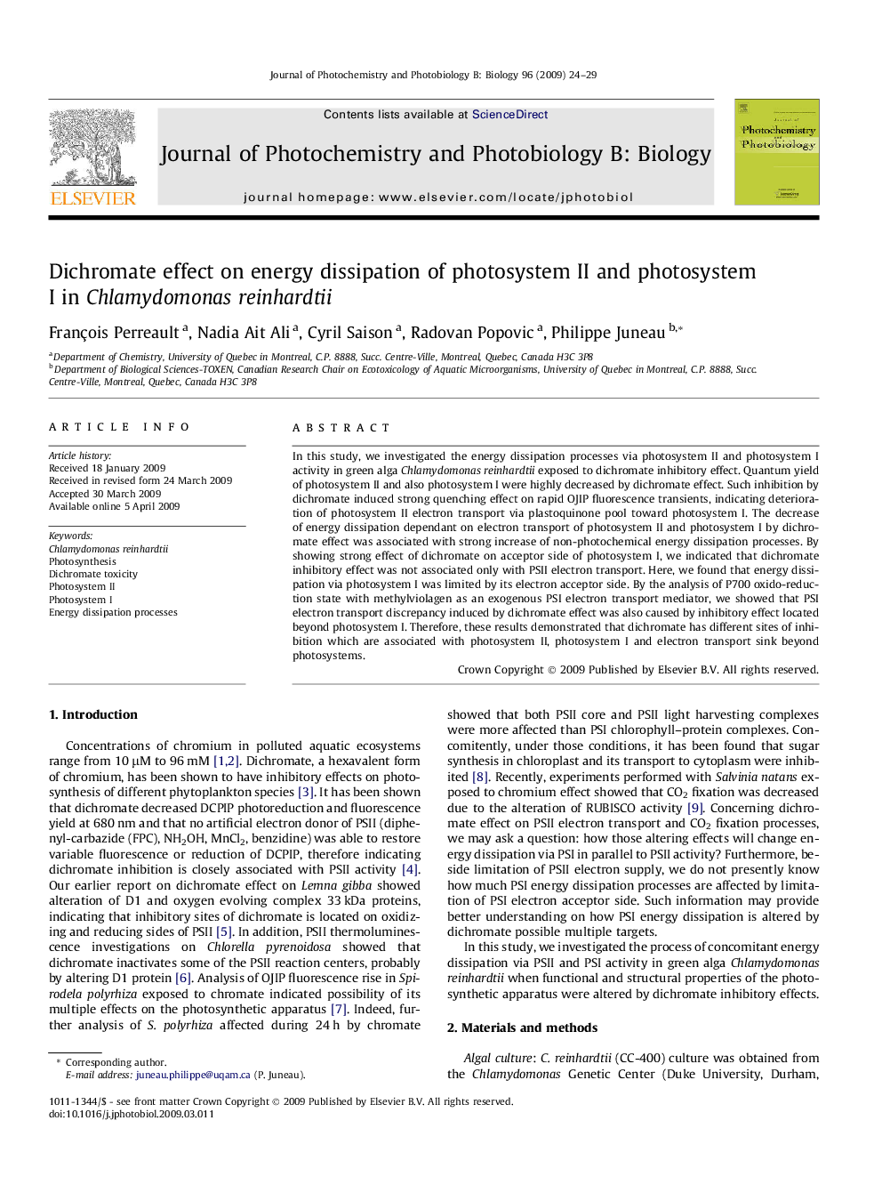 Dichromate effect on energy dissipation of photosystem II and photosystem I in Chlamydomonas reinhardtii