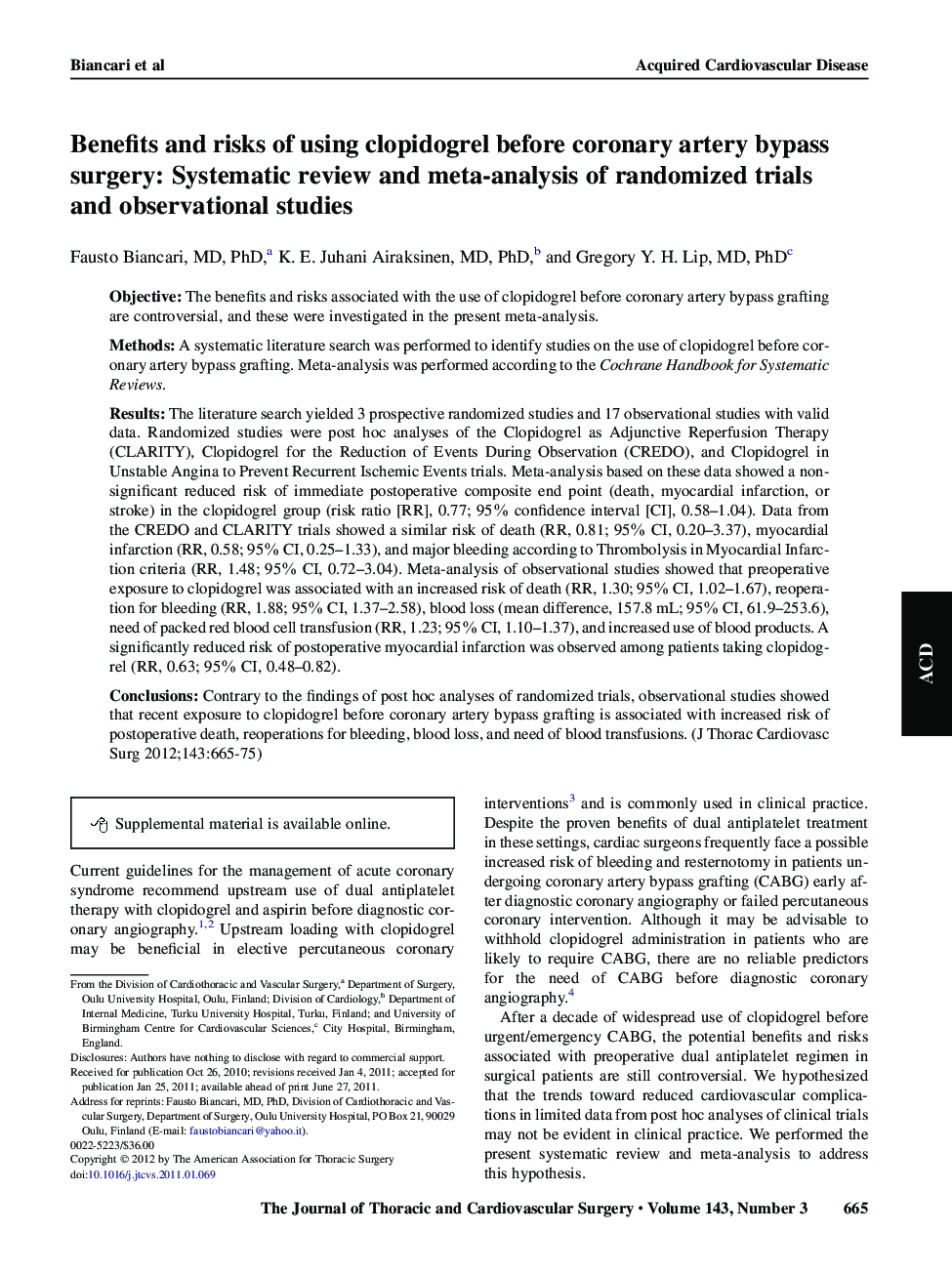 Benefits and risks of using clopidogrel before coronary artery bypass surgery: Systematic review and meta-analysis of randomized trials and observational studies