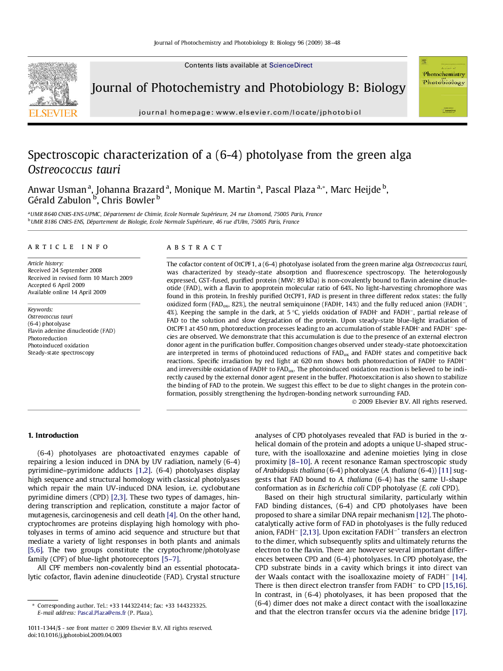 Spectroscopic characterization of a (6-4) photolyase from the green alga Ostreococcus tauri