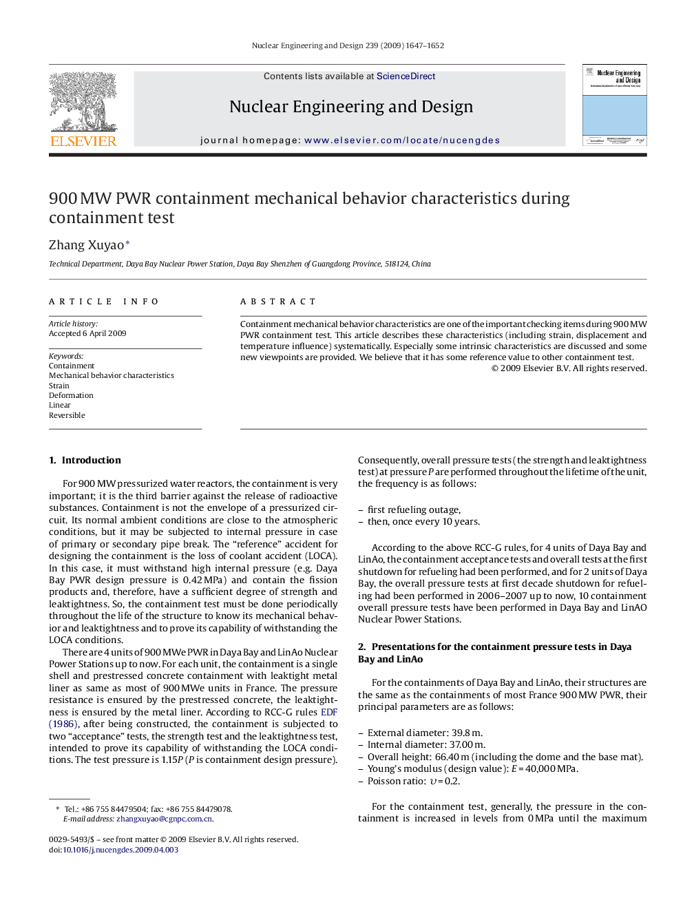 900 MW PWR containment mechanical behavior characteristics during containment test