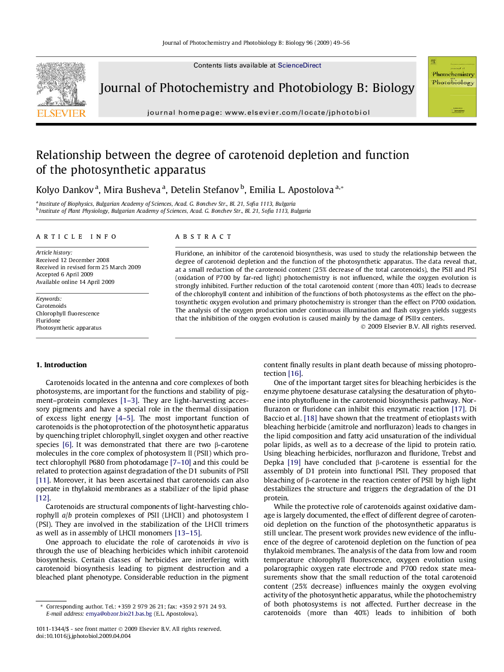 Relationship between the degree of carotenoid depletion and function of the photosynthetic apparatus