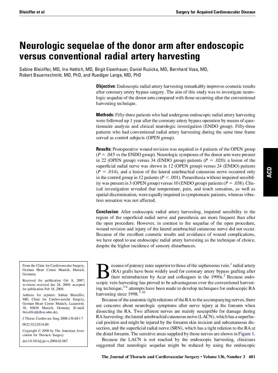 Neurologic sequelae of the donor arm after endoscopic versus conventional radial artery harvesting