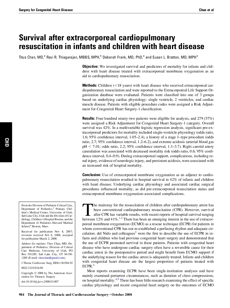 Survival after extracorporeal cardiopulmonary resuscitation in infants and children with heart disease