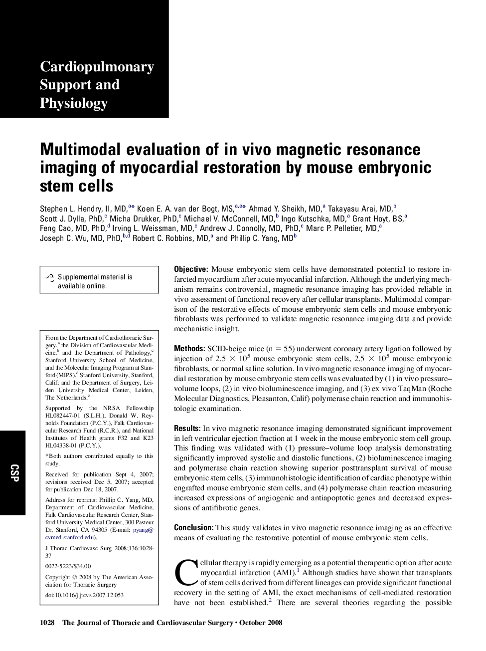 Multimodal evaluation of in vivo magnetic resonance imaging of myocardial restoration by mouse embryonic stem cells