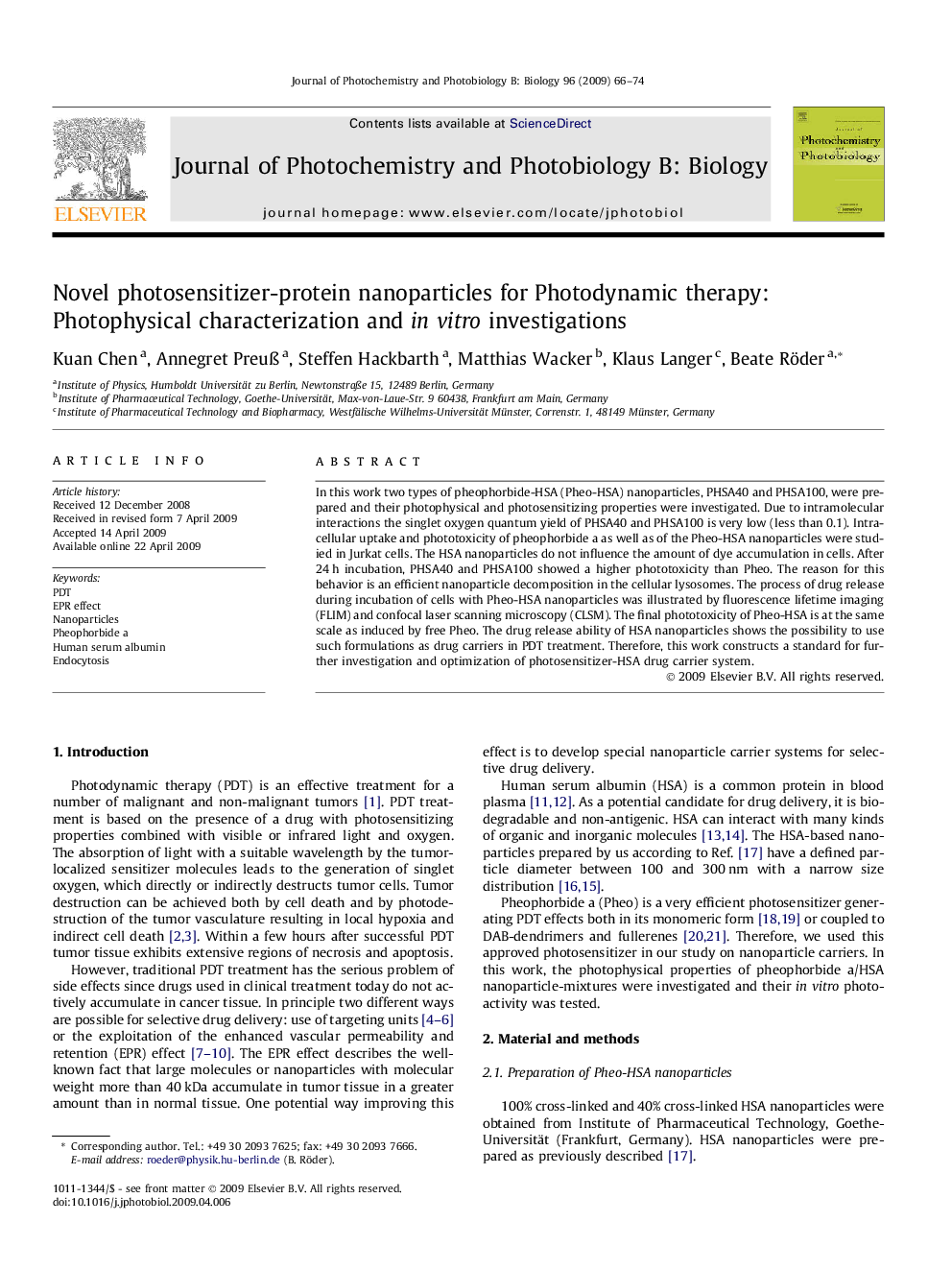 Novel photosensitizer-protein nanoparticles for Photodynamic therapy: Photophysical characterization and in vitro investigations