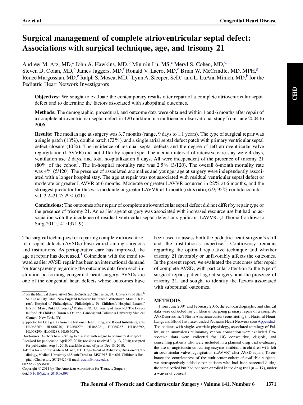 Surgical management of complete atrioventricular septal defect: Associations with surgical technique, age, and trisomy 21 