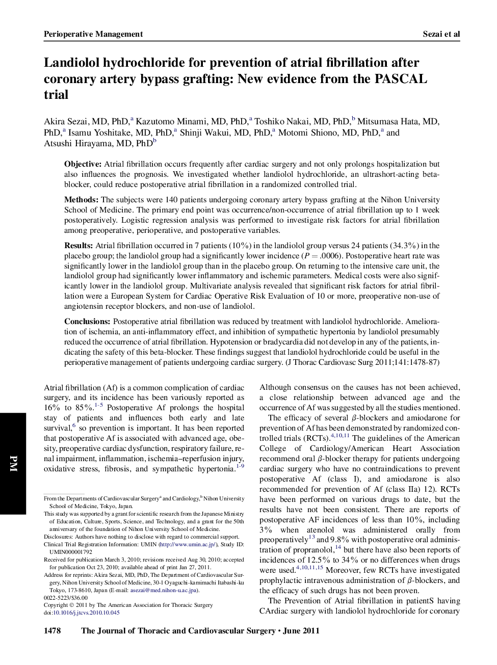 Landiolol hydrochloride for prevention of atrial fibrillation after coronary artery bypass grafting: New evidence from the PASCAL trial 