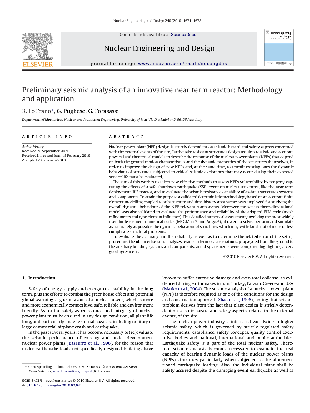 Preliminary seismic analysis of an innovative near term reactor: Methodology and application