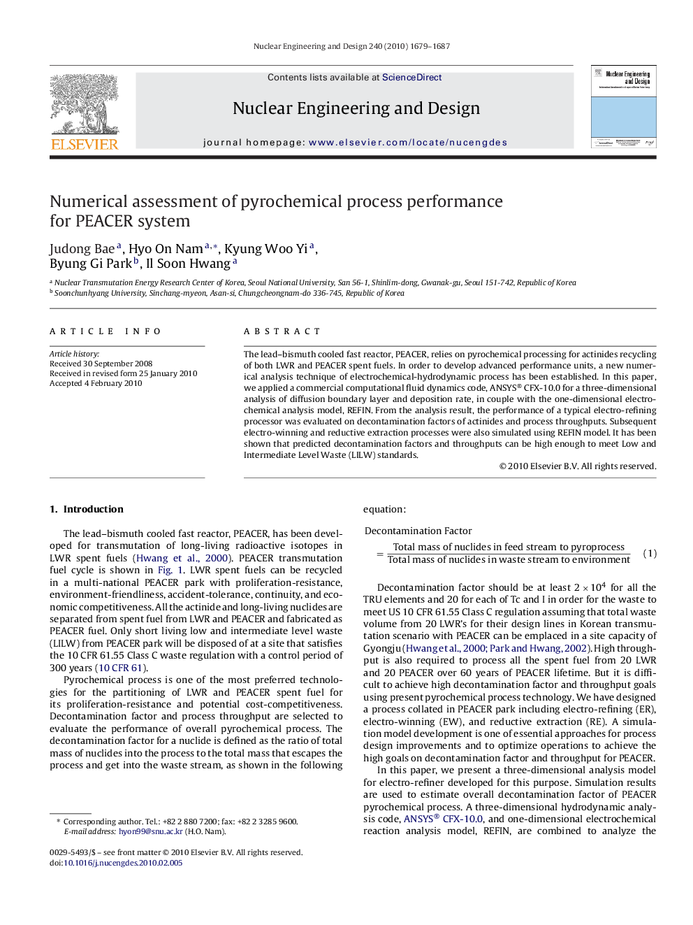 Numerical assessment of pyrochemical process performance for PEACER system