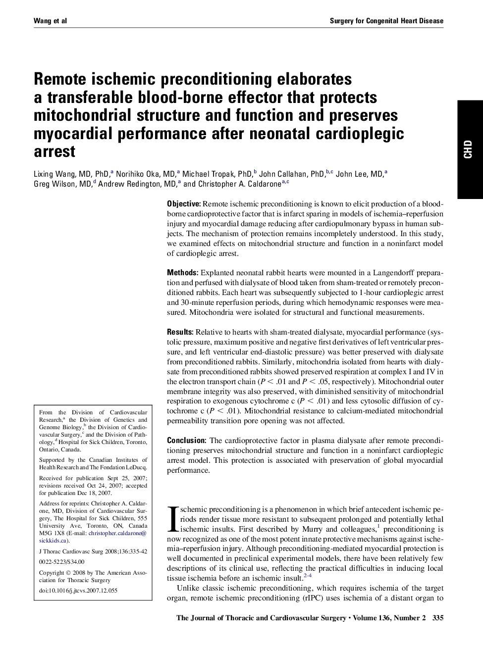 عکس صفحه اول مقاله: Remote ischemic preconditioning elaborates a transferable blood-borne effector that protects mitochondrial structure and function and preserves myocardial performance after neonatal cardioplegic arrest Remote ischemic preconditioning elaborates a transferable blood-borne effector that protects mitochondrial structure and function and preserves myocardial performance after neonatal cardioplegic arrest
