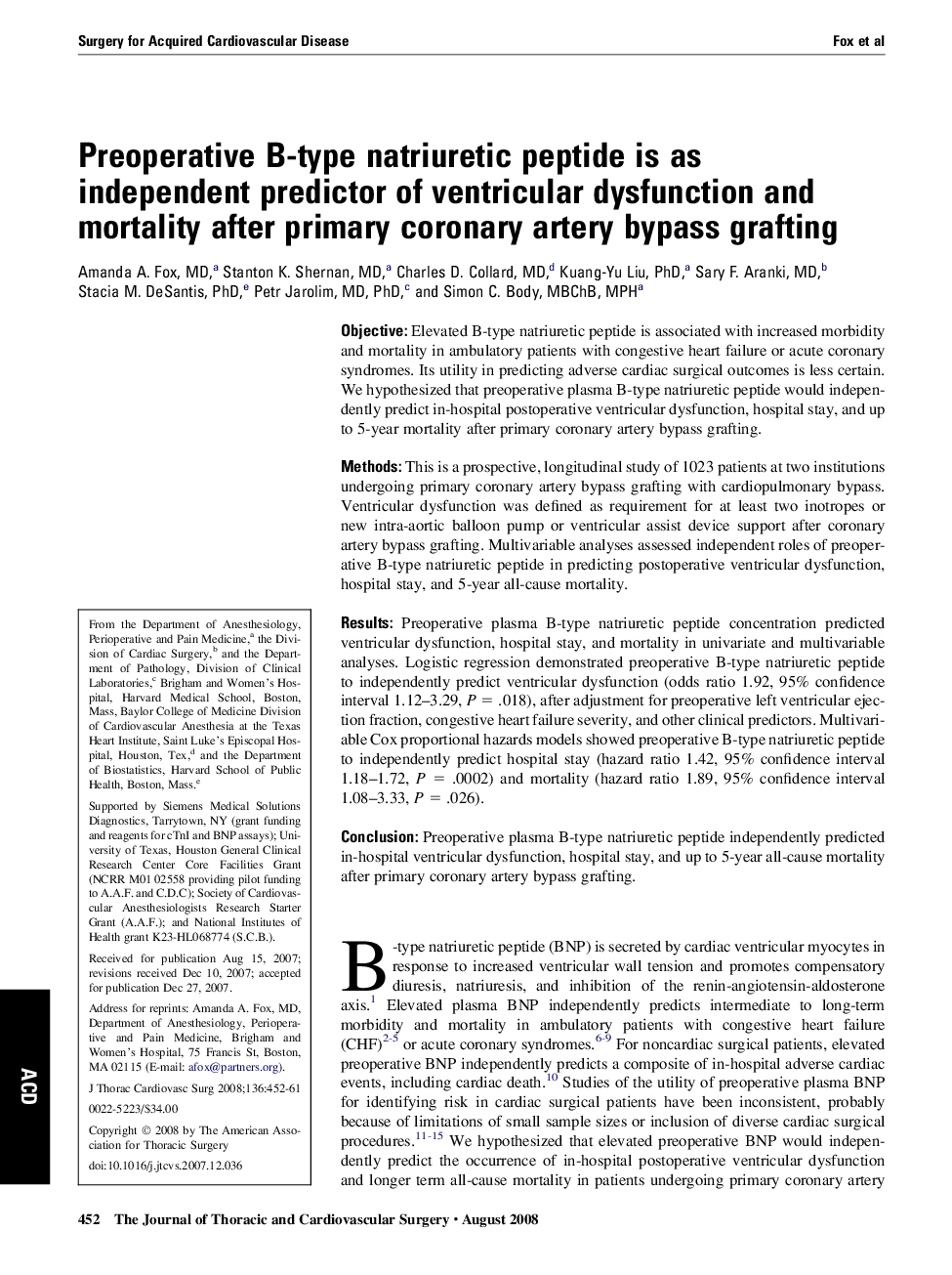 Preoperative B-type natriuretic peptide is as independent predictor of ventricular dysfunction and mortality after primary coronary artery bypass grafting 