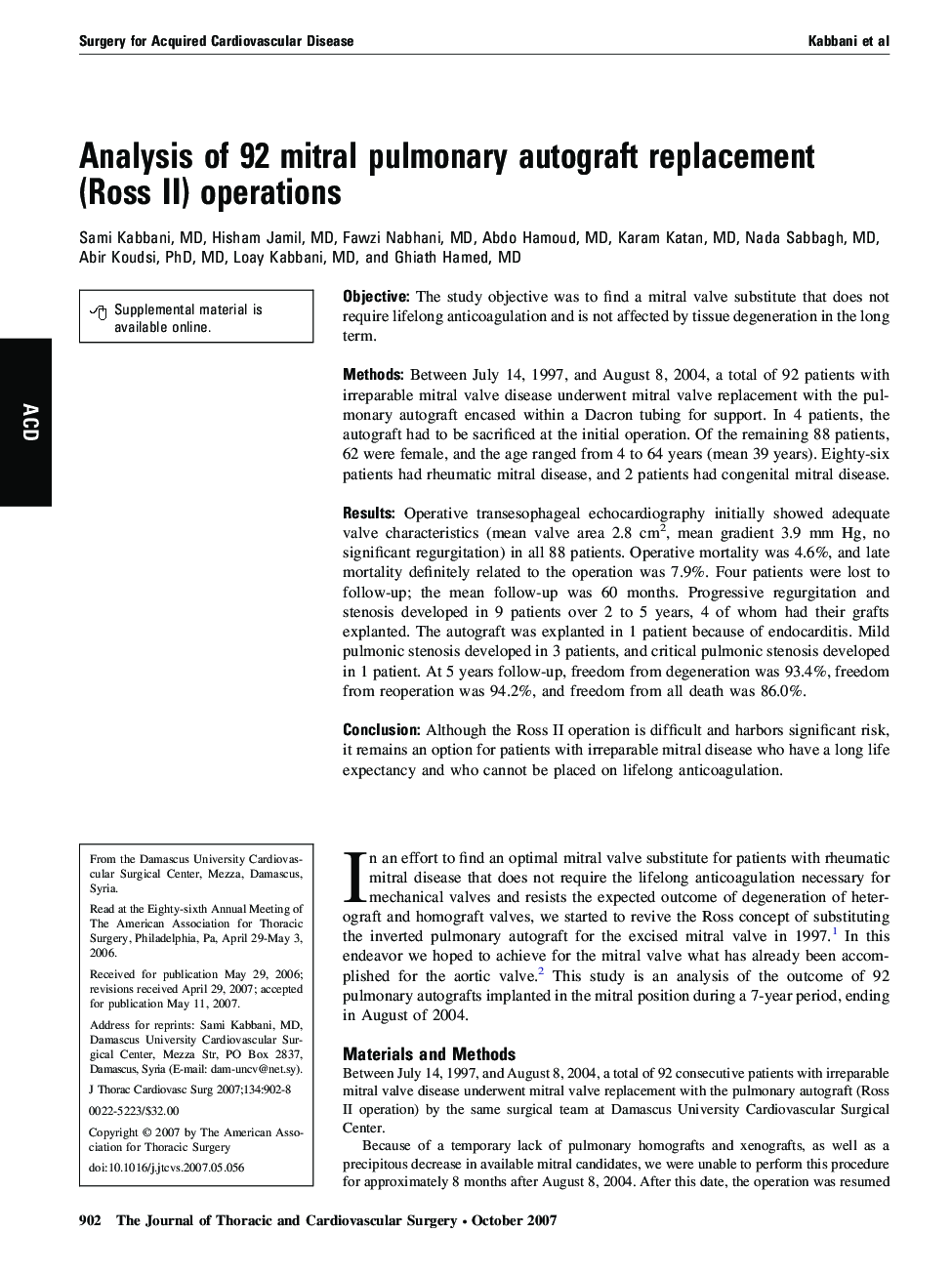 Analysis of 92 mitral pulmonary autograft replacement (Ross II) operations